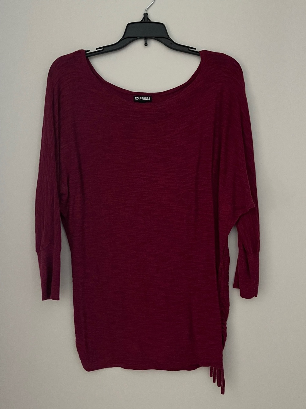 Express Women's Burgundy Boatneck Fringe Hem Top